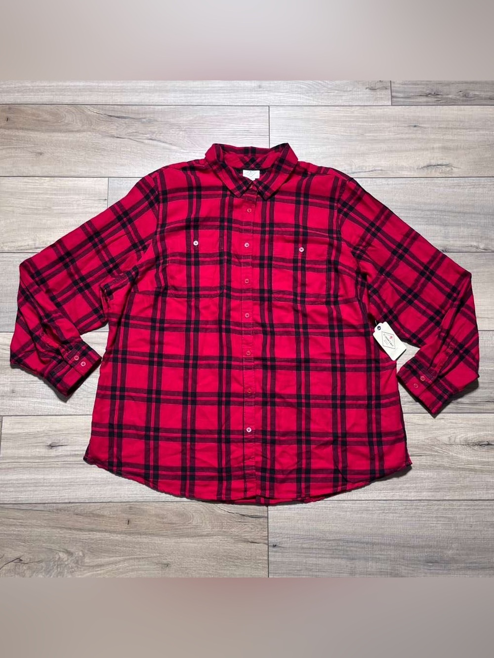 St. John’s Bay Women’s Long Sleeve Plaid Button Up Cotton Shirt Size 2X Red